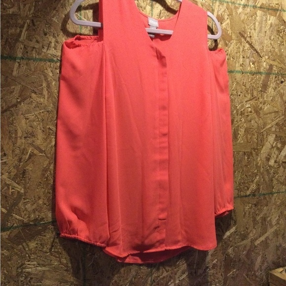 CHICOS SIZE 1 coral colored “cold shoulder” long sleeve sheer button down blouse - Picture 1 of 7